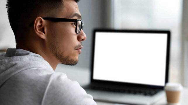 Young Asian male entrepreneur intently focused while working on his laptop at desk, deeply concentrating on screen