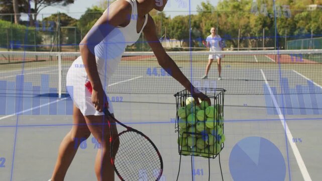Tennis player picking ball, stepping and hitting forehand in training while overlay tracing stats