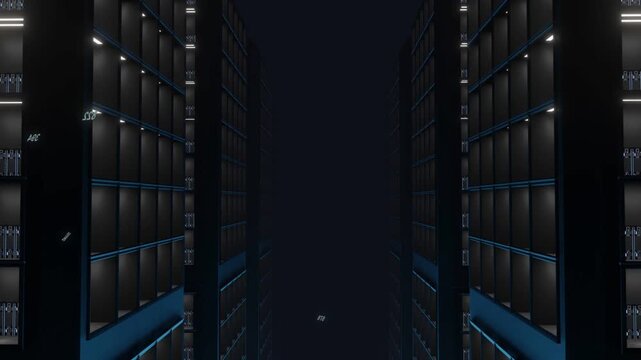 Camera moving down central aisle revealing drifting numeric labels and glowing squares showing data