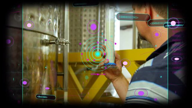 Plant technician receiving HUD prompt, lifting clear sampler at steel tank, inspecting for QC