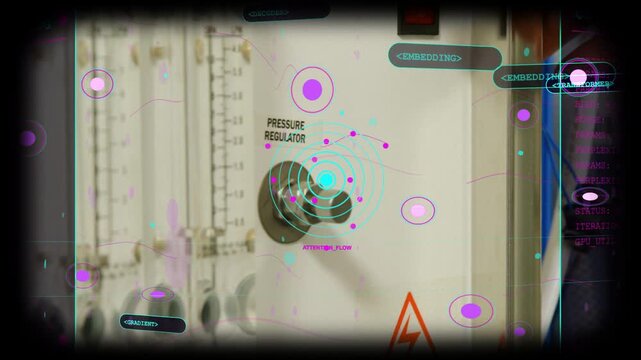 Technician hand turning regulator knob, HUD pulsing centering, flow meters rising for pressure tune