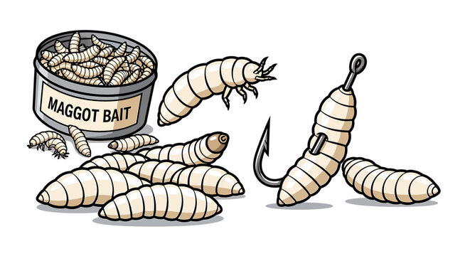 Maggots on a fishing hook bait.