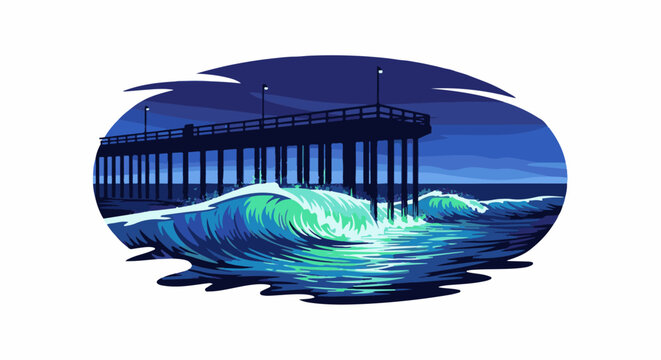 Stylized pixel art of a pier at night with crashing waves