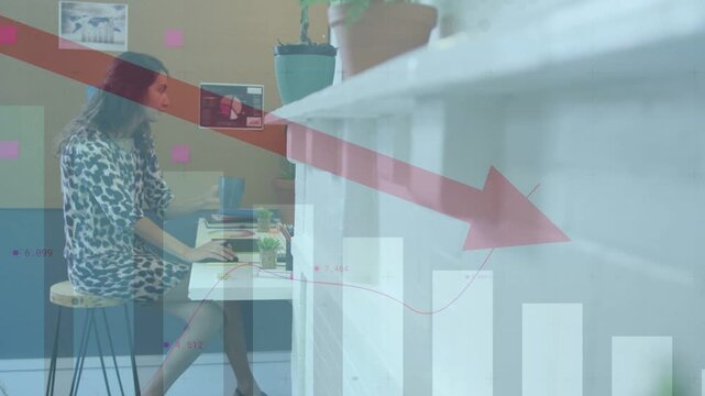 Woman typing on PC, sipping blue mug, causing analytics overlay showing red down arrow for analysis