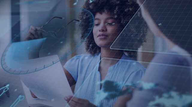 Woman raising glasses while reading paper for business, shifting sheet and activating HUD charts