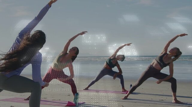 Leader initiating side-lunge on beach group matching fitness pose on mats grid overlay over group