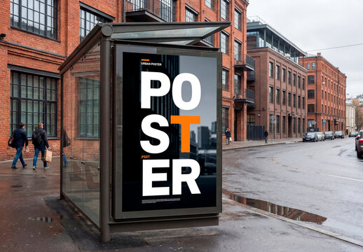 City bus stop billboard mockup on urban street with buildings