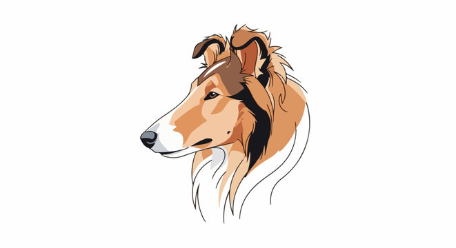 Stylized portrait of a collie dog with flowing mane against white background
