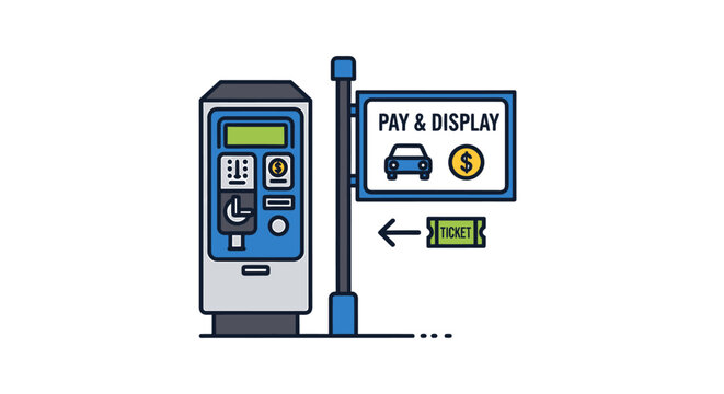 Modern parking meter machine with pay and display sign.