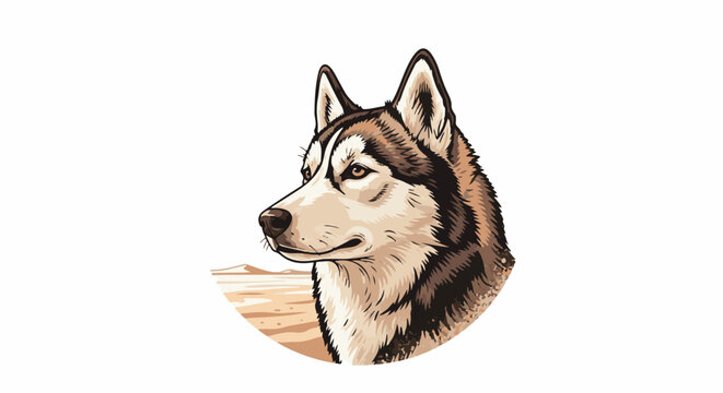 Stylized portrait of a husky dog with piercing eyes and sandy terrain