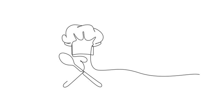 Minimal chef hat line emblem with spoon and fork smooth seamless loop animation,Chef hat line animation emblem with spoon fork culinary symbol Hd,4K Animation Video
