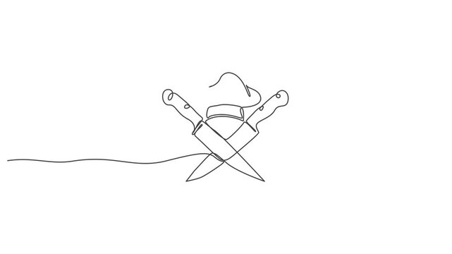 Minimal chef hat line emblem with spoon and fork smooth seamless loop animation,Chef hat line animation emblem with spoon fork culinary symbol Hd,4K Animation Video
