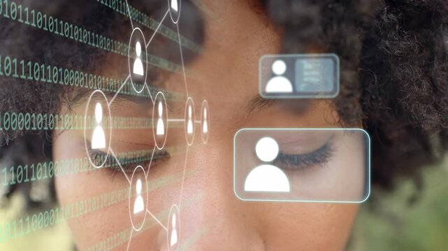 Woman opening eyes and smiling outdoor binary driving AR cards overlaying face for tech insight