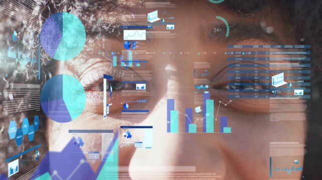 Woman gazing, blinking and activating HUD, panels denser, overlaying pie, bar, line charts for data