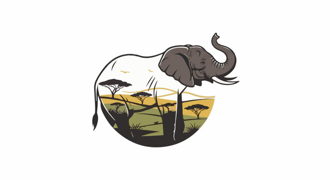 Stylized elephant contains an African savanna landscape with trees and birds
