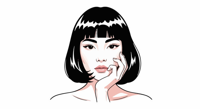 Stylized portrait of a woman with short black hair and contemplative expression