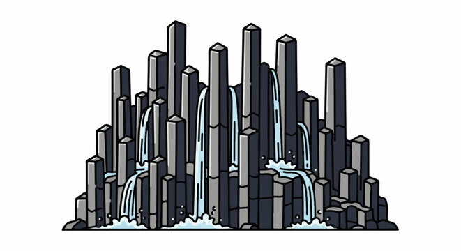 Stylized isometric hexagonal rock formation with flowing water