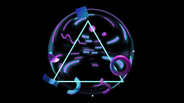 Cyan triangle rotating in glossy sphere for tech demo, lasers sweeping in starting orbiting forms