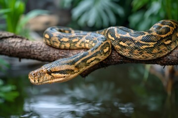 Obraz premium Python snake resting on branch above water
