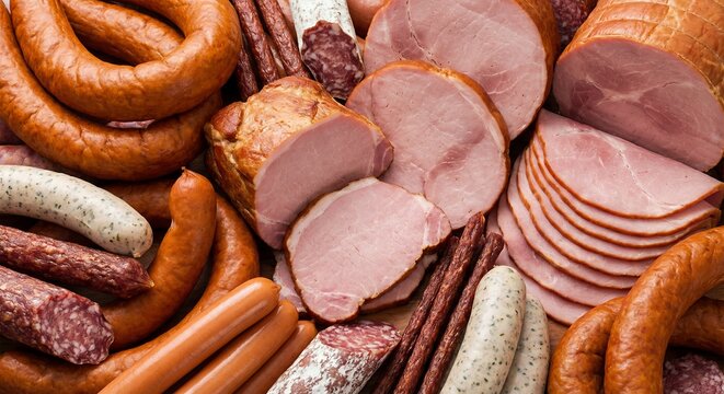 assorted smoked meat products with sausages salami and ham slices