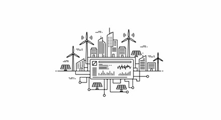 Fototapeta premium Stylized city with renewable energy sources and data analytics