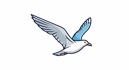 Fototapeta premium Stylized cartoon seagull with wings spread in flight, blue wing tips