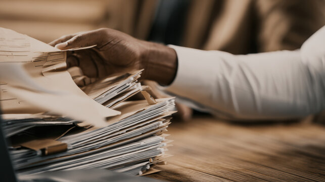 Stack of paper file folders on wooden desk with hand sorting documents, warm office atmosphere and focused organization