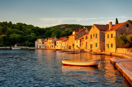 Croatian village houses and boats at sunset