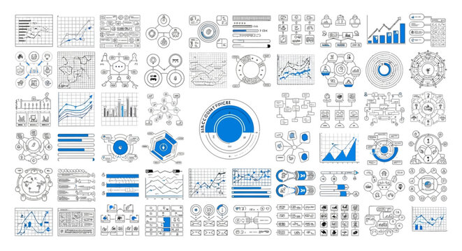 Collection of various data visualization charts and infographics for business analysis and reports