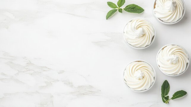 Four sweet desserts with white cream swirls and green mint leaves on a bright white marble surface.