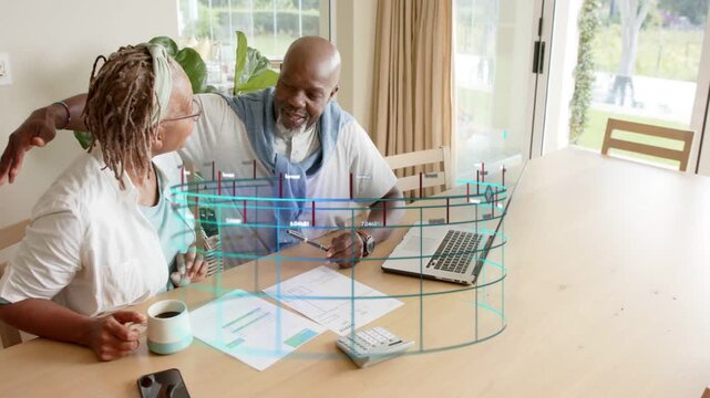 Senior couple tapping smartphone and checking papers at table, AR grid aligning phone for budgeting