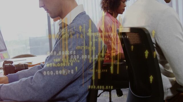 Camera panning man in blue typing laptop, parsing business data while yellow bars overlaying team