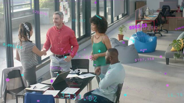 Woman at window initiating handshake, man in red rising, man joining near laptop, business meeting