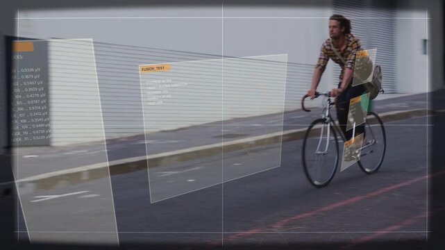 Vertical video: Male cyclist riding downhill, nearing UI panels shifting with passing, showing tech