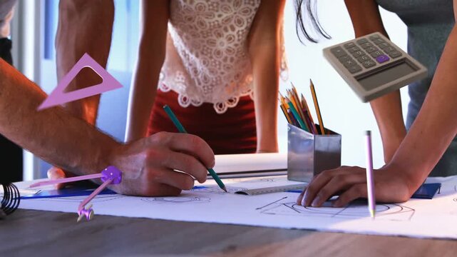 Left person drawing green pencil starting calculator and purple markers over designs, team deciding