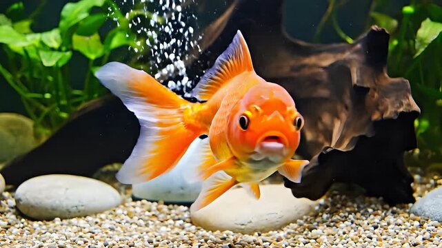 Beautiful Orange Goldfish Swimming Gracefully in a Clean Aquarium.