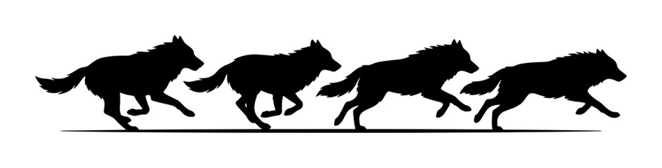 Running wolf pack silhouette vector, wild animal group sprinting in sequence, black canine predator silhouettes for wildlife logos and outdoor branding © Mahfuz