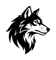 Wolf head mascot vector illustration, black and white timber wolf profile, predatory animal logo design, wild husky or malamute dog head icon © Mahfuz