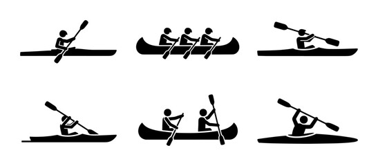 Kayaking and canoeing icons set, black silhouette rowing pictograms, water sports vector elements for outdoor recreation and adventure tourism © Mahfuz