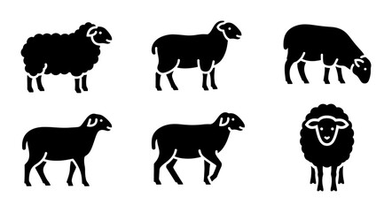 Obraz premium Sheep icon set with 6 black vector silhouettes, farm animal sheep and lamb glyph symbols, minimalist livestock woolly sheep illustrations for logo design