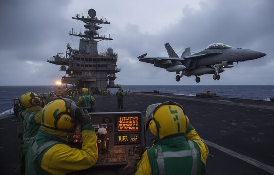 A powerful F/A-18 Super Hornet fighter jet lands on the vast flight deck of a US Navy aircraft carrier during an overcast day at sea