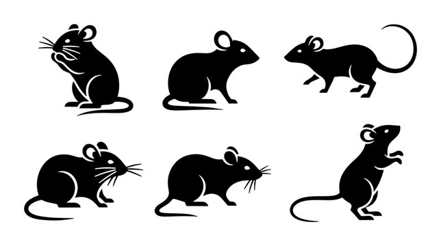 Black mouse silhouette collection, set of 6 rodent vector icons, minimalist rat animal shapes for pest control and wildlife design
