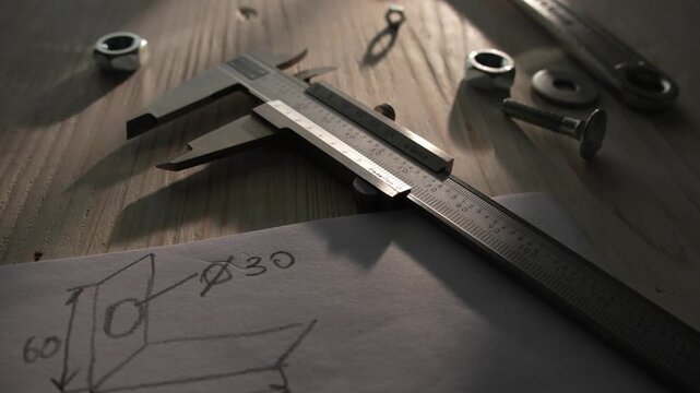 Caliper measuring tool with sketch and bolts on wooden surface