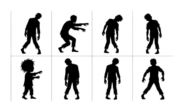 Zombie silhouette collection, 8 undead walking character icons, spooky halloween horror vector set, black monster silhouettes for graphic design