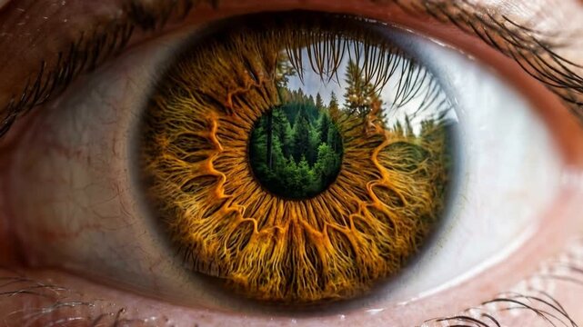 Extreme macro close-up of a human eye with a lush green forest reflection in the pupil, surreal nature concept, seamless loop.