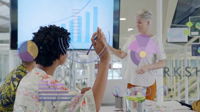 mgr pausing for hand raise in biz mtg, pointing at chart, overlays highlighting bars mgr indicating