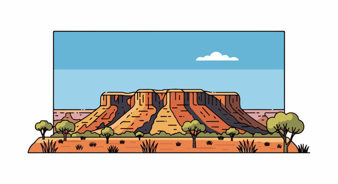 Stylized desert mesa landscape with trees and a single cloud