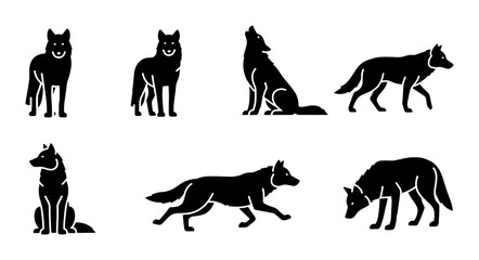 Black wolf silhouette vector set, wild forest animal icons in various poses, 7 predator wolf silhouettes for nature and wildlife design © Sohana