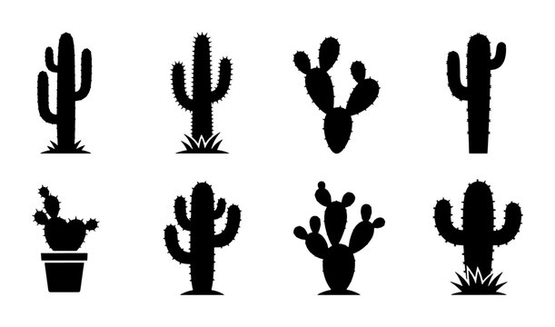 Cactus silhouette icon set, 8 desert plant vector elements, black saguaro and prickly pear succulent shapes, minimalist botanical nature graphics