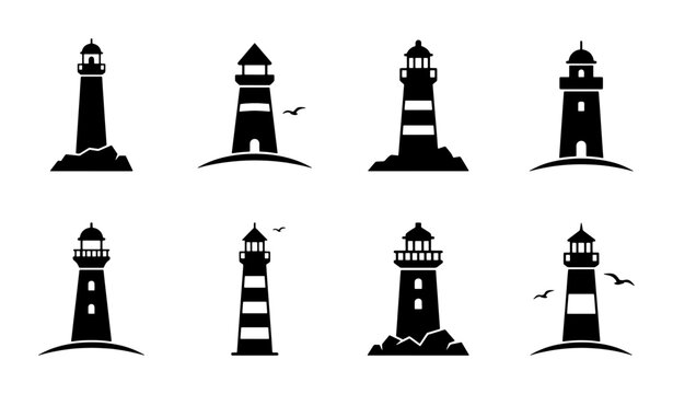 Minimalist lighthouse silhouette icons, set of 8 nautical beacon vector illustrations, black coastal tower symbols for maritime branding and travel logos